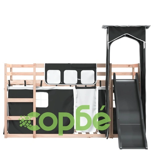 Двуетажно легло с пързалка и завеси, бяло и черно, 80x200 см ➤ топ цена ➤ sorbe.bg