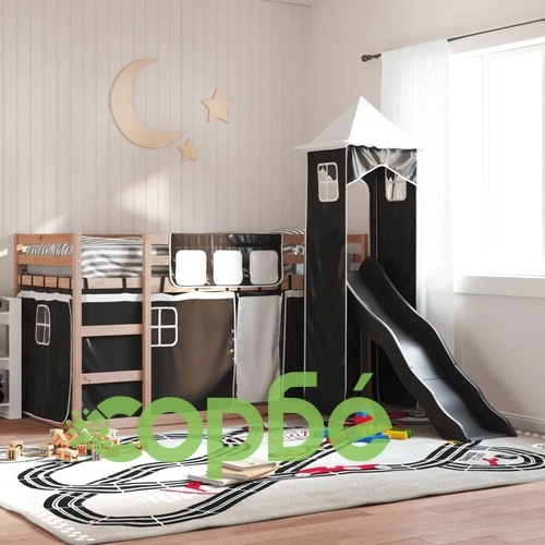 Двуетажно легло с пързалка и завеси, бяло и черно, 80x200 см ➤ топ цена ➤ sorbe.bg