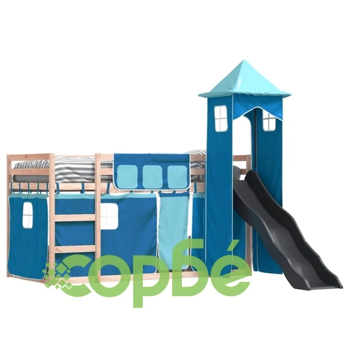 Двуетажно легло с пързалка и завеси, синьо, 80x200 см ➤ топ цена ➤ sorbe.bg
