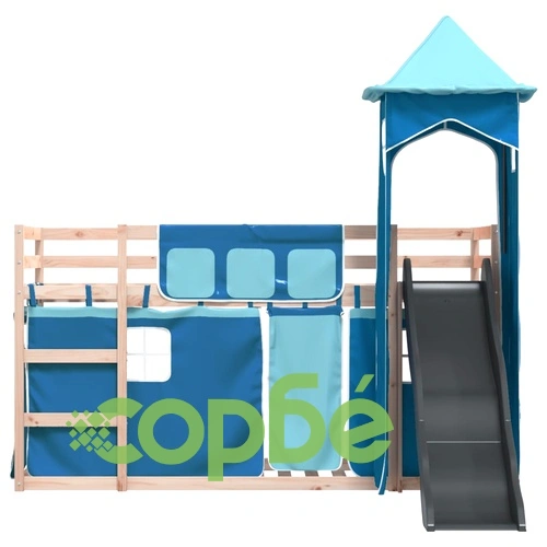 Двуетажно легло с пързалка и завеси, синьо, 80x200 см ➤ топ цена ➤ sorbe.bg