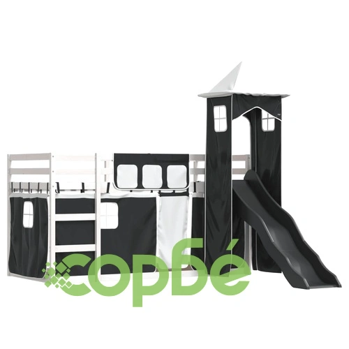 Двуетажно легло с пързалка и завеси, бяло и черно, 80x200 см ➤ топ цена ➤ sorbe.bg