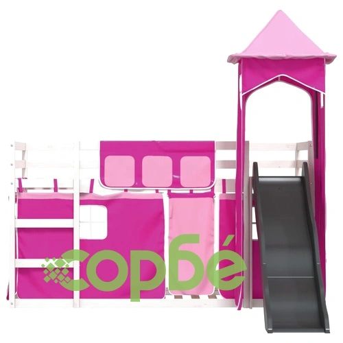 Двуетажно легло с пързалка и завеси, синьо, 80x200 см ➤ топ цена ➤ sorbe.bg