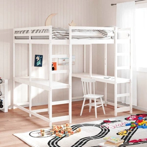 Таванско легло с бюро и стълба бяло 200x200 см бор масив
