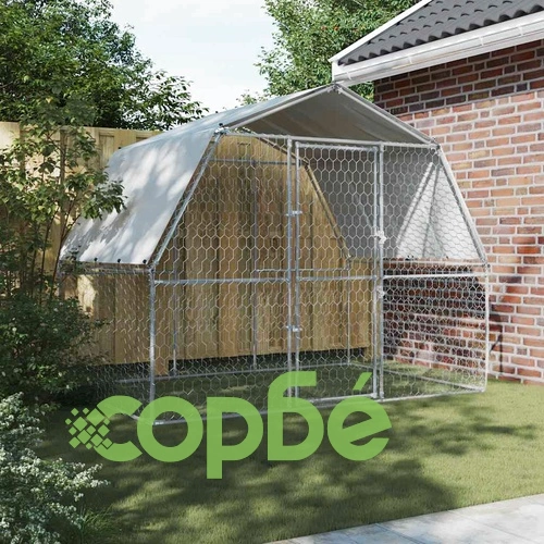 Кучешка клетка с покрив и врата, сребрист, поцинкована стомана ➤ топ цена ➤ sorbe.bg