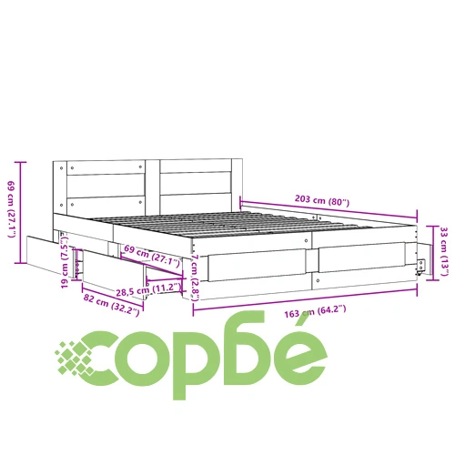Рамка за легло с табла, сив сонома, 160x200 см, инженерно дърво ➤ топ цена ➤ sorbe.bg