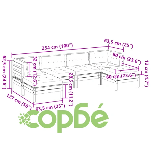 Градински комплект с възглавници, 6 части, дугласка ела масив ➤ топ цена ➤ sorbe.bg