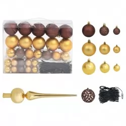 Комплект коледни топки, 120 части, връх и 300 LED, злато/бронз