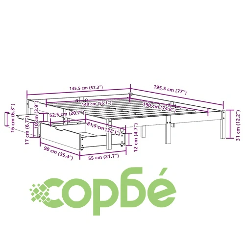 Рамка за легло без матрак, 140x190 см, масивна чамова дървесина ➤ топ цена ➤ sorbe.bg