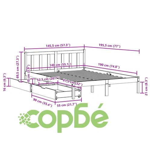 Рамка за легло без матрак, бял, 140x190 см, бор масив ➤ топ цена ➤ sorbe.bg