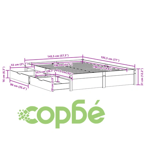 Рамка за легло без матрак, бял, 140x190 см, бор масив ➤ топ цена ➤ sorbe.bg