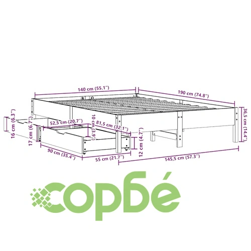Рамка за легло без матрак, 140x190 см, масивна чамова дървесина ➤ топ цена ➤ sorbe.bg