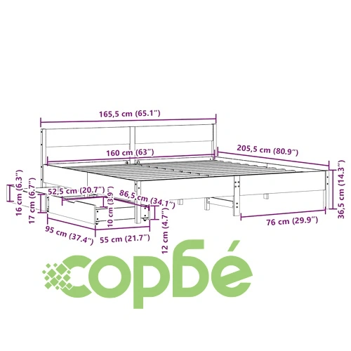 Рамка за легло без матрак, 160x200 см, масивна чамова дървесина ➤ топ цена ➤ sorbe.bg