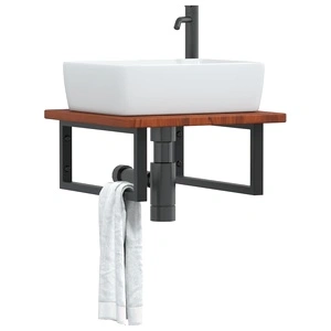 Стенен рафт за мивка, стомана и масивно дърво дъб