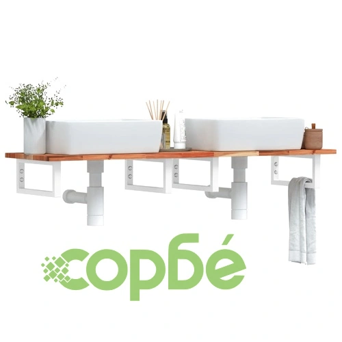 Стенен рафт за мивка, стомана и масивно дърво акация ➤ топ цена ➤ sorbe.bg