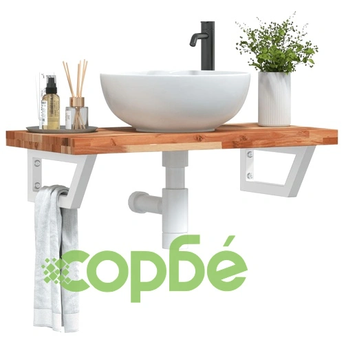 Стенен рафт за мивка, стомана и масивно дърво акация ➤ топ цена ➤ sorbe.bg