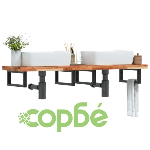 Стенен рафт за мивка, стомана и масивно дърво акация ➤ топ цена ➤ sorbe.bg