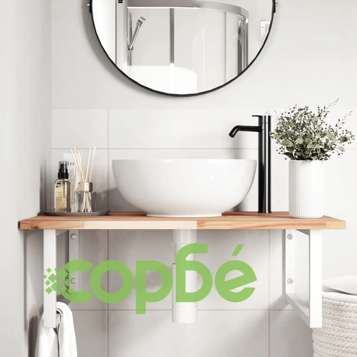 Стенен рафт за мивка, стомана и масивно дърво акация ➤ топ цена ➤ sorbe.bg