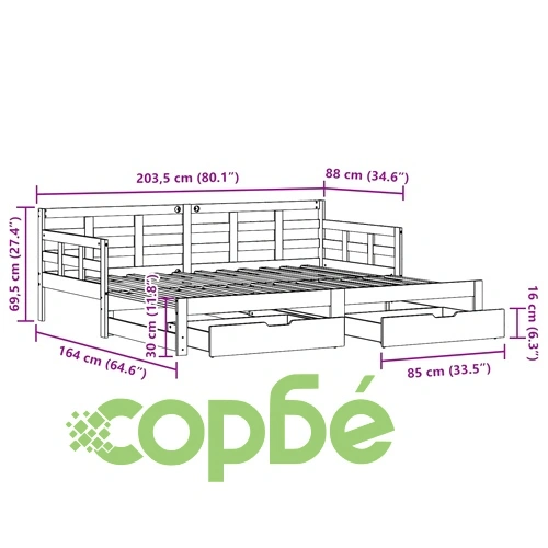 Дневно легло с уширение и чекмеджета, без матрак, 80x200 см ➤ топ цена ➤ sorbe.bg