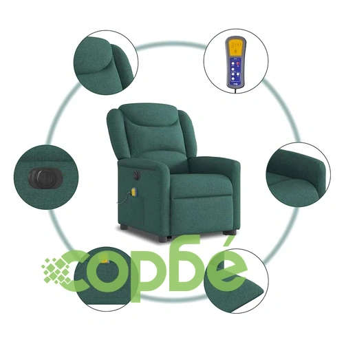 Електрически изправящ масажен реклайнер стол тъмнозелен текстил ➤ топ цена ➤ sorbe.bg