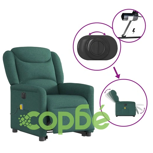 Електрически изправящ масажен реклайнер стол тъмнозелен текстил ➤ топ цена ➤ sorbe.bg