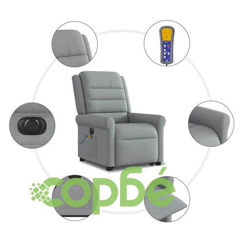 Електрически изправящ масажен реклайнер стол светлосив текстил ➤ топ цена ➤ sorbe.bg