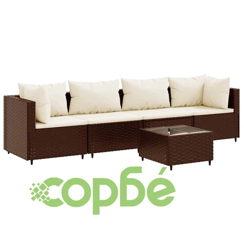 Градински лаундж комплект с възглавници 5 части кафяв полиратан ➤ топ цена ➤ sorbe.bg