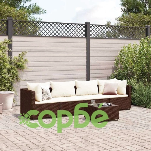 Градински лаундж комплект с възглавници 5 части кафяв полиратан ➤ топ цена ➤ sorbe.bg