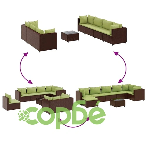 Градински лаундж комплект с възглавници кафяв 8 части полиратан ➤ топ цена ➤ sorbe.bg