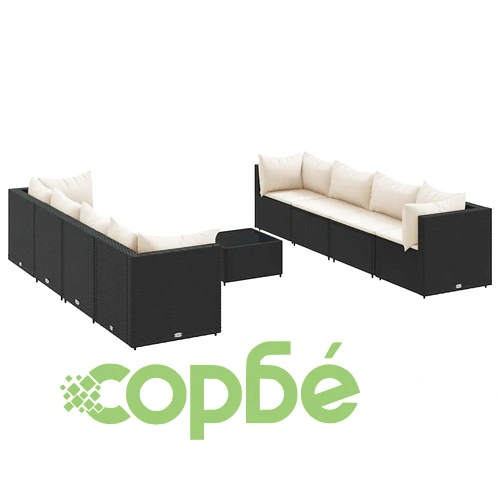 Градински лаундж комплект с възглавници 9 части полиратан черен ➤ топ цена ➤ sorbe.bg