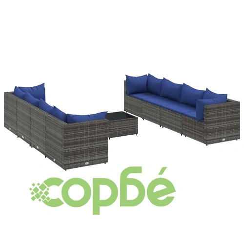 Градински лаундж комплект с възглавници 9 части сив полиратан ➤ топ цена ➤ sorbe.bg