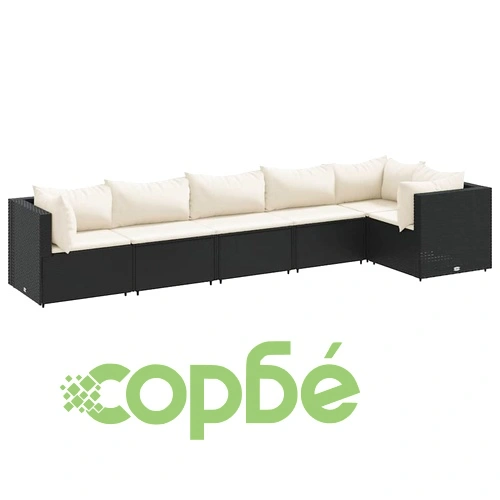 Градински комплект с възглавници, 6 части, черен, полиратан ➤ топ цена ➤ sorbe.bg