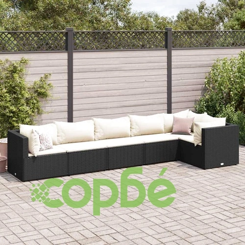 Градински комплект с възглавници, 6 части, черен, полиратан ➤ топ цена ➤ sorbe.bg