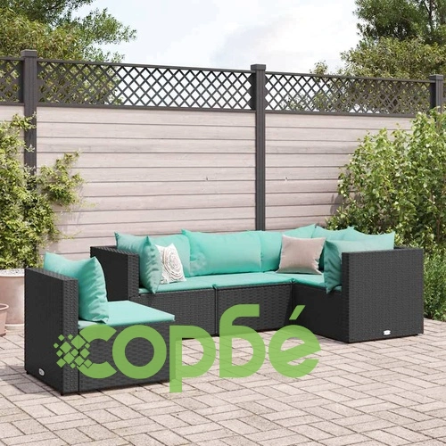 Градински лаундж комплект с възглавници 5 части черен полиратан ➤ топ цена ➤ sorbe.bg