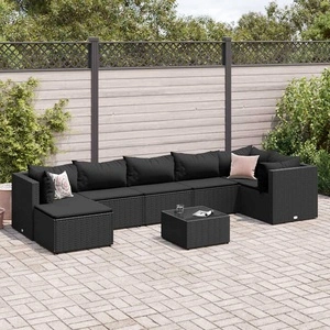 Градински лаундж комплект с възглавници 8 части черен полиратан