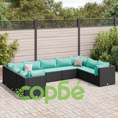 Градински лаундж комплект с възглавници 9 части полиратан черен ➤ топ цена ➤ sorbe.bg