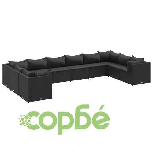Градински лаундж комплект с възглавници 10части полиратан черен ➤ топ цена ➤ sorbe.bg