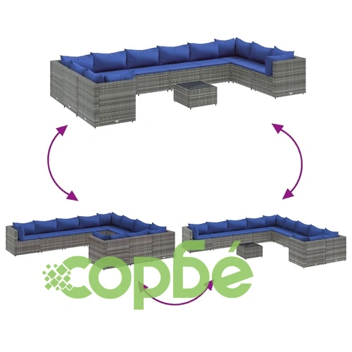 Градински комплект диван с възглавници 11 части сив полиратан ➤ топ цена ➤ sorbe.bg