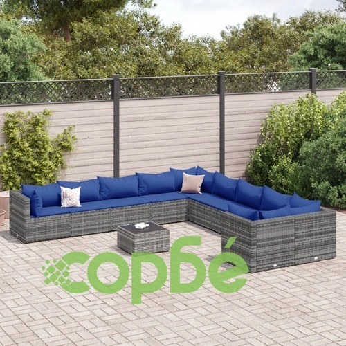 Градински комплект диван с възглавници 11 части сив полиратан ➤ топ цена ➤ sorbe.bg