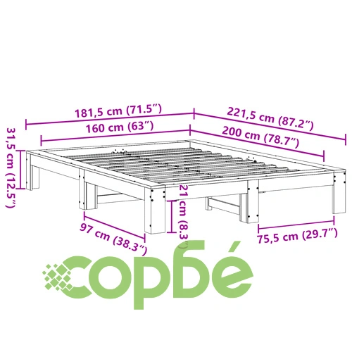 Рамка за легло без матрак, восъчнокафяв, 160x200 см, бор масив ➤ топ цена ➤ sorbe.bg