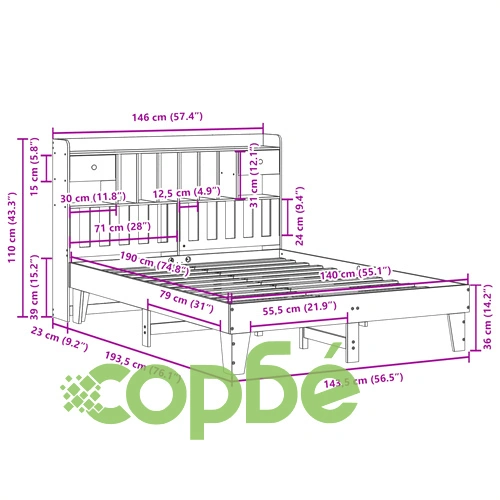Рамка за легло без матрак, бял, 140x190 см, бор масив ➤ топ цена ➤ sorbe.bg
