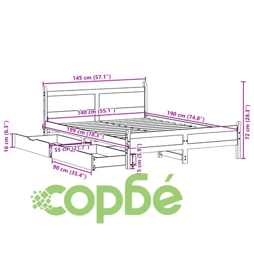 Рамка за легло без матрак, бял, 140x190 см, бор масив ➤ топ цена ➤ sorbe.bg