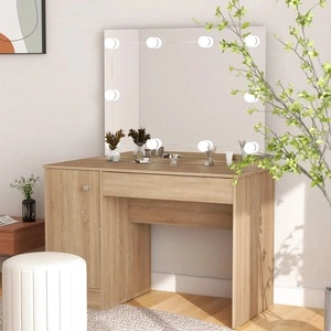 Тоалетка с LED лампи, 110x55x145 см, МДФ, дъб