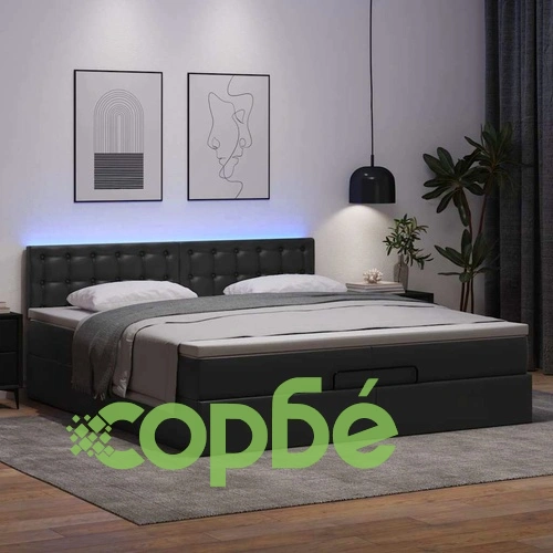 Османска легло с матраци&LED, черно, 200x200см, изкуствена кожа ➤ топ цена ➤ sorbe.bg