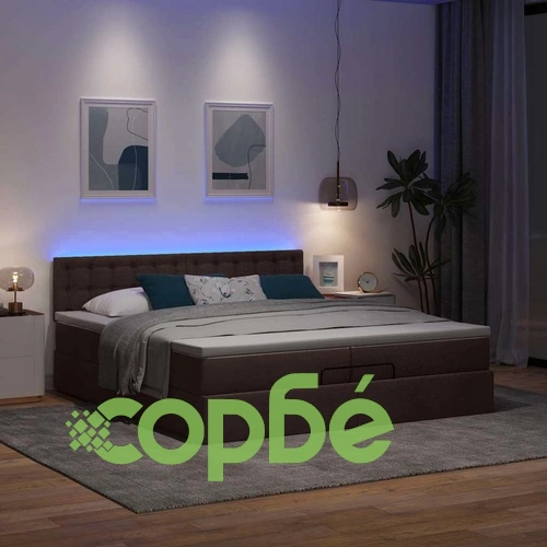 Османска легло с матрак и LED, тъмнокафяво, 200x200 см, плат ➤ топ цена ➤ sorbe.bg