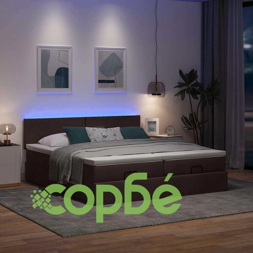 Османска легло с матрак и LED, тъмнокафяво, 200x200 см, плат ➤ топ цена ➤ sorbe.bg