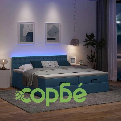 Османска легло с матрак и LED, синьо, 200x200 см, плат ➤ топ цена ➤ sorbe.bg