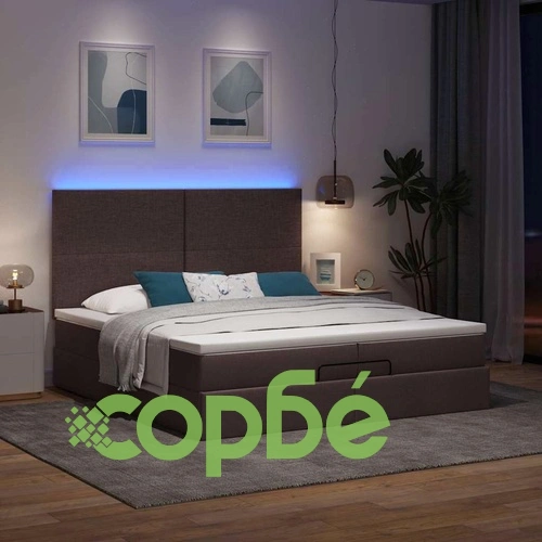 Османска легло с матрак и LED, тъмнокафяво, 200x200 см, плат ➤ топ цена ➤ sorbe.bg