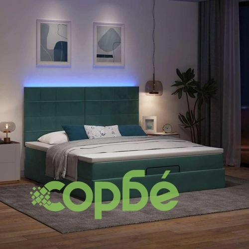 Османска легло с матраци и LED, тъмнозелено, 160x200 см, кадифе ➤ топ цена ➤ sorbe.bg