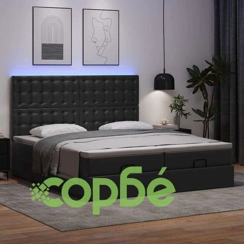 Османска легло с матраци&LED, черно, 200x200см, изкуствена кожа ➤ топ цена ➤ sorbe.bg