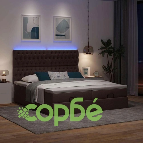 Османска легло с матрак и LED, тъмнокафяво, 200x200 см, плат ➤ топ цена ➤ sorbe.bg